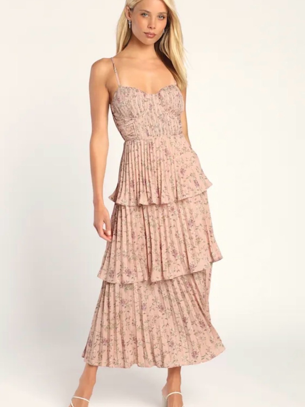 Lulu's Blush Pink Floral Tiered Midi Dress
